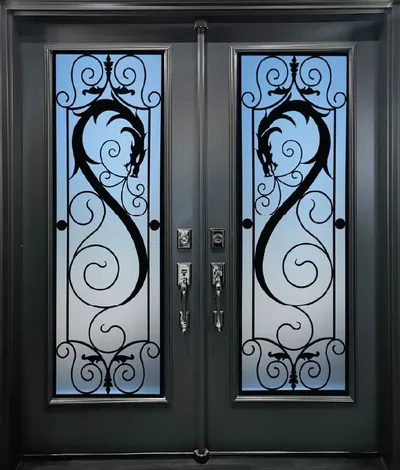 Dragon wrought iron glass door insert, retrofit into existing door in Ottawa