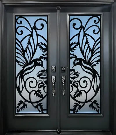 Peacock wrought iron glass door insert, retrofit into existing door in Ottawa