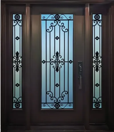Medieval wrought iron glass door insert, retrofit into existing door in Ottawa