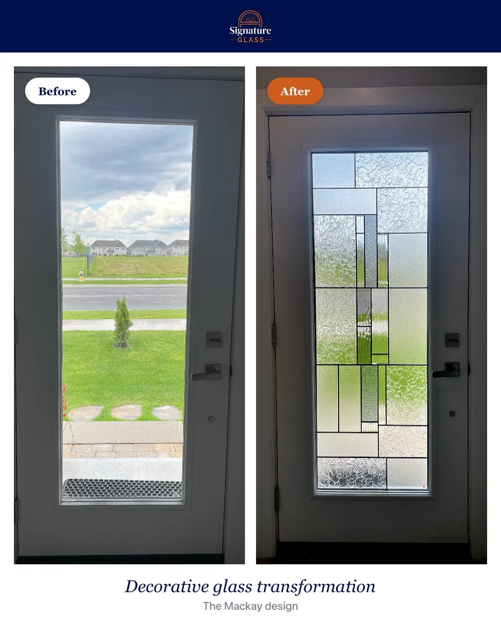 Before and after decorative glass door insert in Orléans, the Mackay design